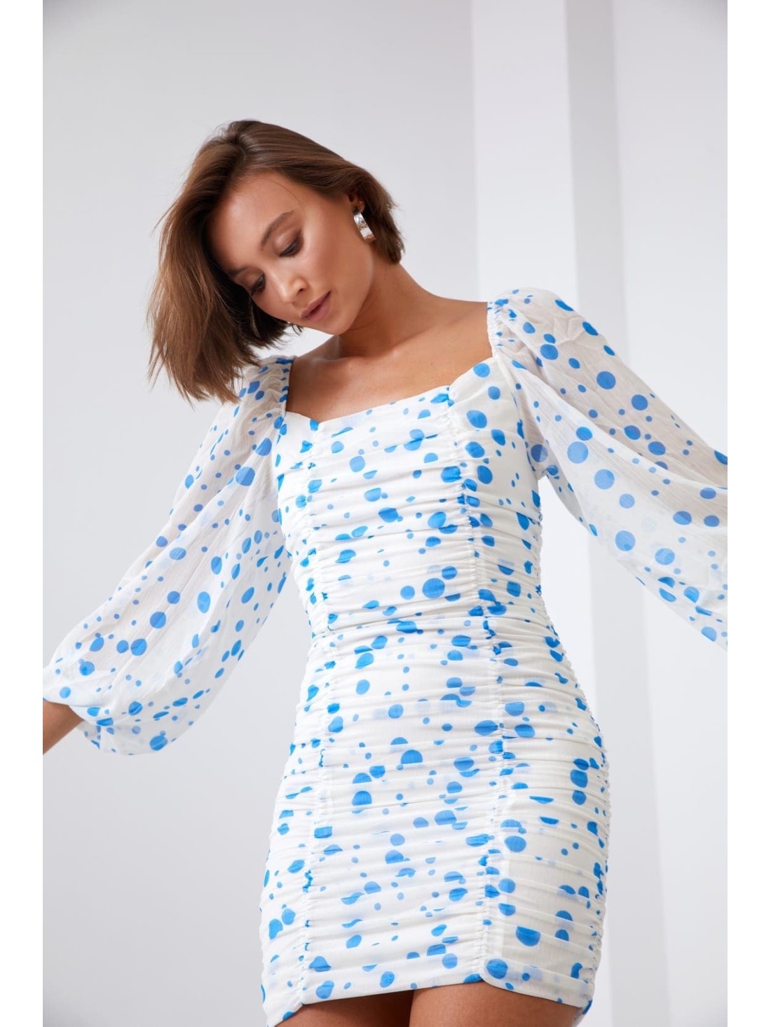 Rochie drapată cu buline crem și albastru 2940 - Magazin online - Boutique